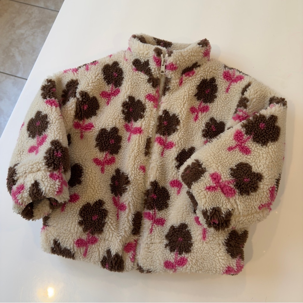 Zara Toddler Girl Sherpa Floral Zip Jacket Coat Size 6 Years